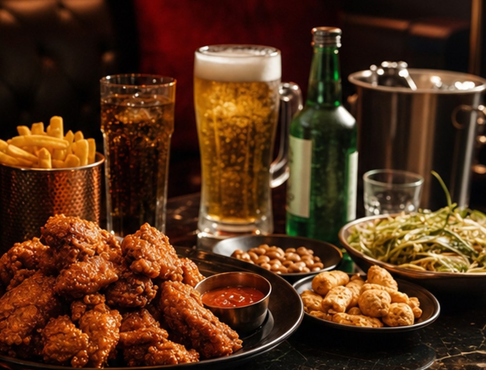 맥주 소주 치킨과 다양한 안주가 놓인 노래방 테이블