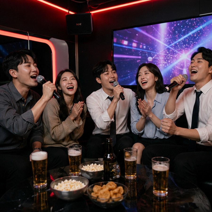 직장인들이 압구정 노래방에서 노래하는 모습