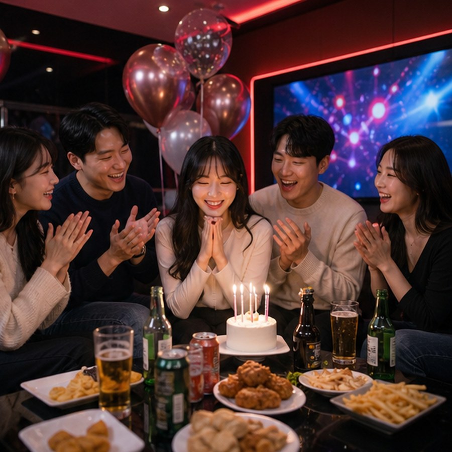 성인 친구들이 생일 파티로 노래방을 이용하는 모습