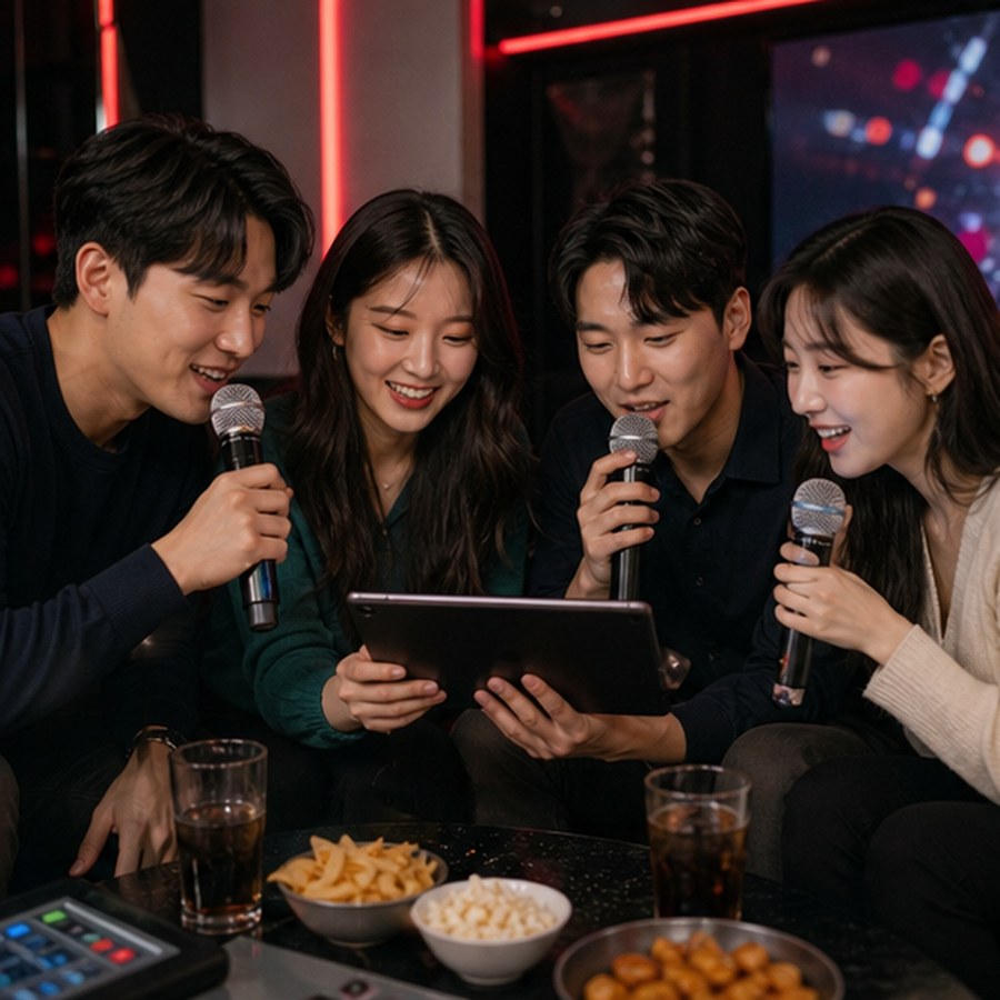 친구들이 선곡 패드를 보며 노래를 고르는 모습