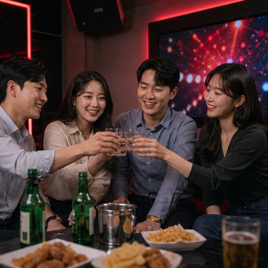 성인 모임 고객들이 노래방 테이블에서 건배하는 모습